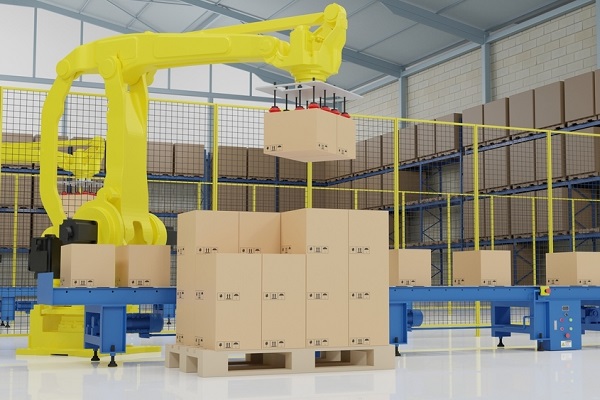 palletizing robot is arranging cartons to pallet in smart warehouse