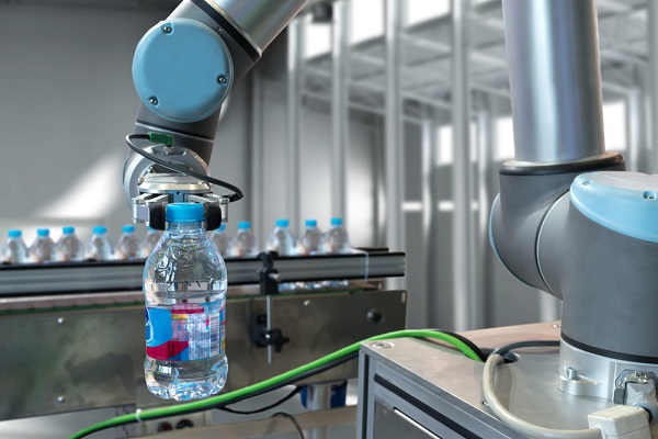 robot gripper warehouse picking holding water bottle in smart factory