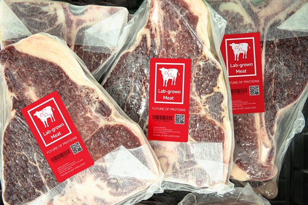 Artificial beef lab grown meat in retail supermarket emerging field of food production with label