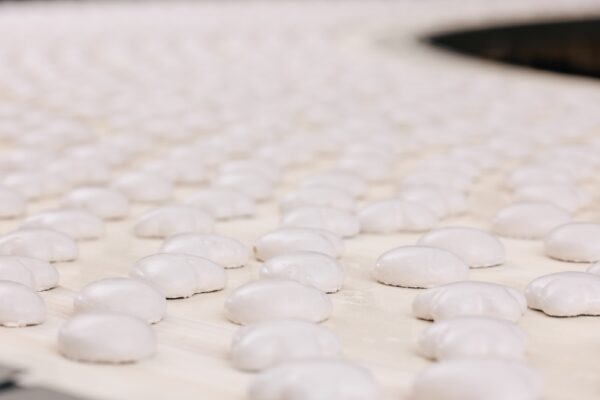 Conveyor line for production gingerbread cookies with white glaze at sweet factory