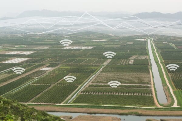 Top view of agricultural land. Valley of fields with irrigation system and wireless control
