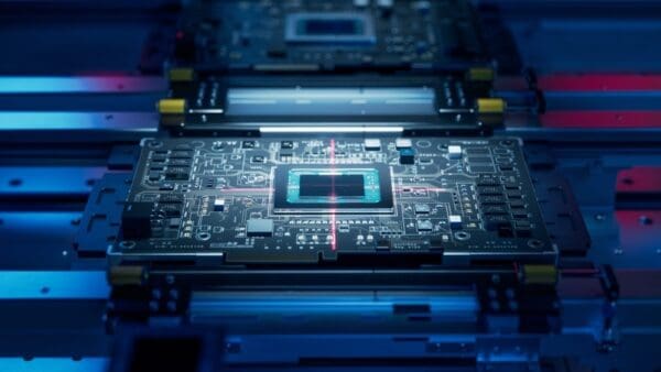 A close-up of a circuit board on an assembly line