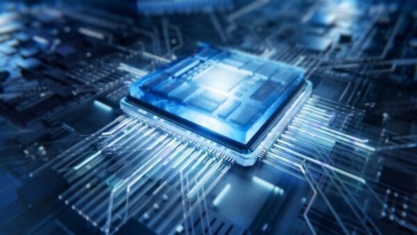 A glowing blue microchip embedded in a circuit board