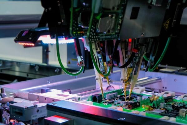 A robotic assembly machine with precision tools working on a green circuit board