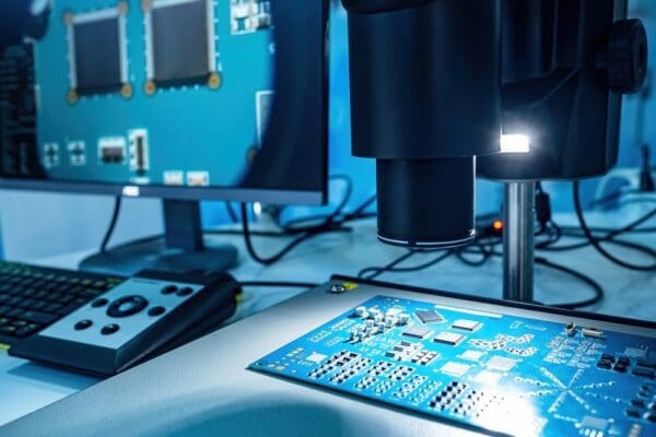 Microcircuit under electron microscope