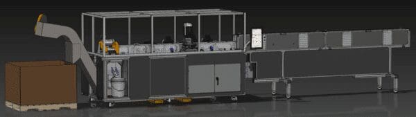 linear transfer machine with a modular design, conveyor belts, and an integrated packaging system