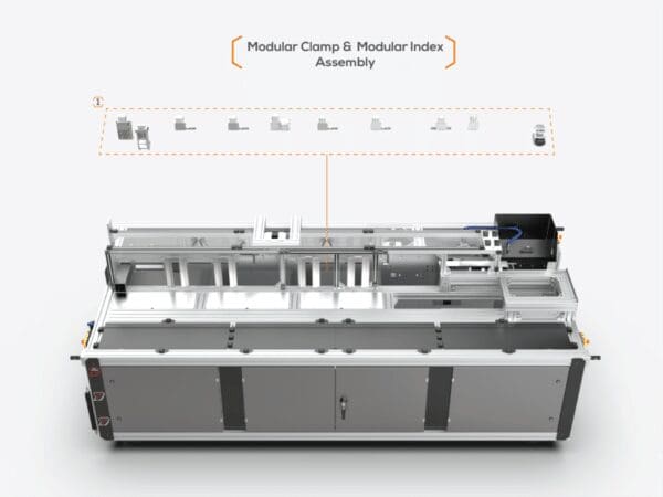 modular assembly line system showcasing the clamp and index assembly components