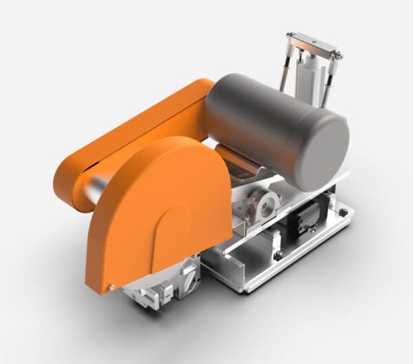 orange safety guard and a metallic base, designed for precision cutting in industrial applications
