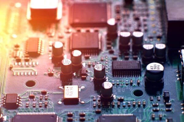 Printed Circuit Board with chips and radio components electronics