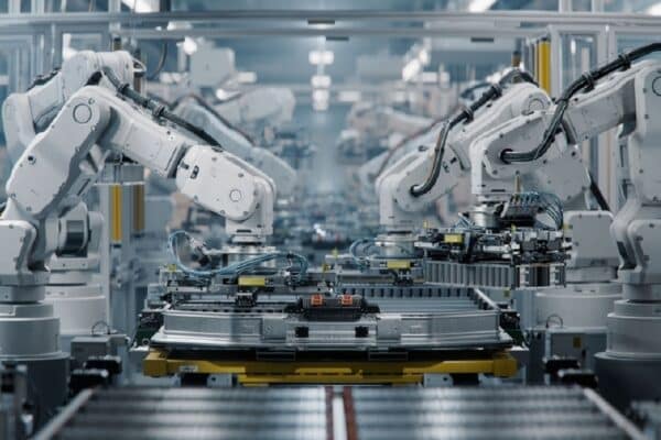 Row of White Robotic Arms at Modern Factory